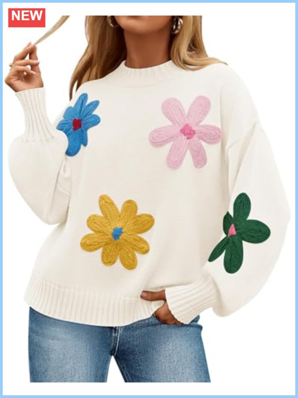 Womens Floral Knit Pullover Sweater Long Lantern Sleeve Fall Winter